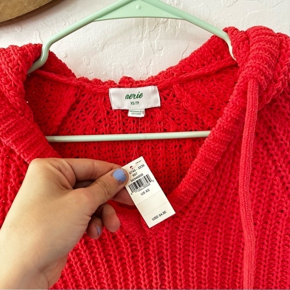 Aerie PINK Chenille Chunky Knit Pullover Sweater Hood Drawstring XS - Picture 4 of 8